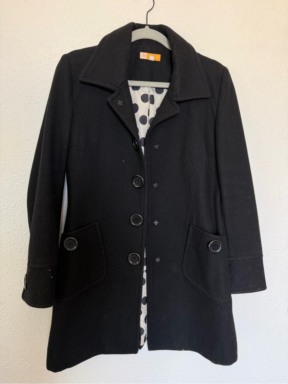 Tulle Black Pea Coat with Polka Dot Lining